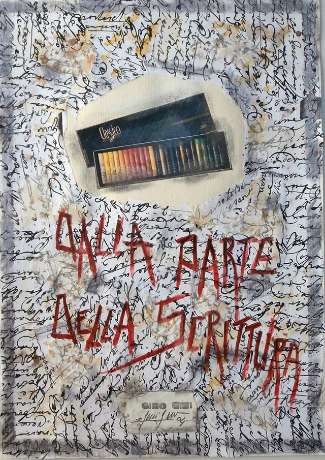 'Dalla parte della scrittura' (on writing's side) collage and writings on canvas paper, 29,7x21cm, 2004