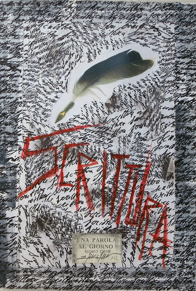 'Una parola al giorno' (One word per day) collage and writings on canvas paper, 29,7x21cm, 2012
