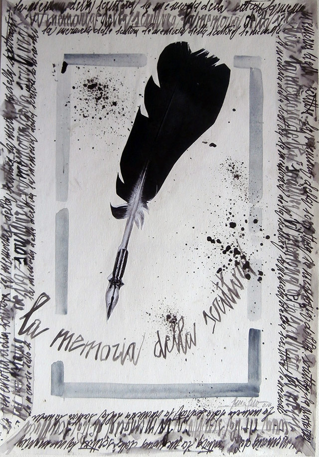 'La memoria della scrittura', (Writing's  memory), collage and writings on canvas paper, 30x21cm, 2016
